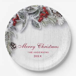 Holly Pine Branch Rustic Holiday Weihnachtsfest Pa Pappteller