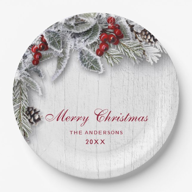 Holly Pine Branch Rustic Holiday Weihnachtsfest Pa Pappteller (Vorderseite)