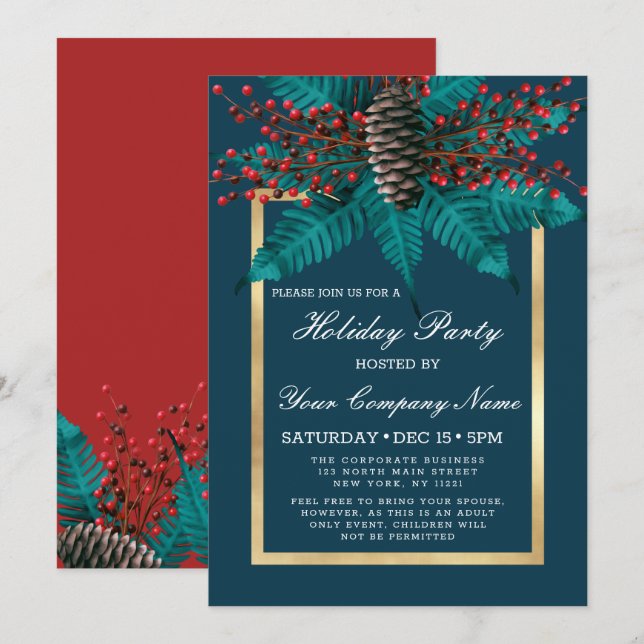 Holly Pine Cone Bouquet Gold Corporate Holiday Einladung (Vorne/Hinten)