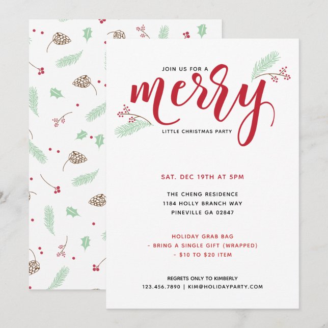 Holly & Pine Merry Little Christmas Party Einladung (Vorne/Hinten)