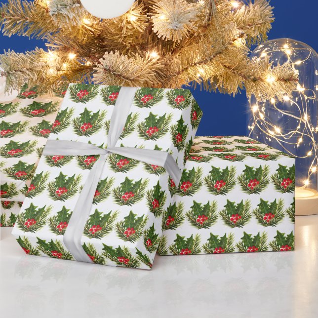 Holly Pine Tree Woodland Xmas Niedliche Wasserfarb Geschenkpapier (Feiertage)