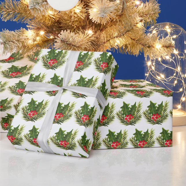 Holly Pine Tree Woodland Xmas Niedliche Wasserfarb Geschenkpapier (Feiertage)