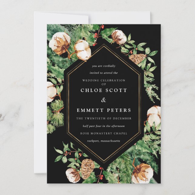 Holly Pine White Floral Winter Hochzeit Einladung (Vorderseite)