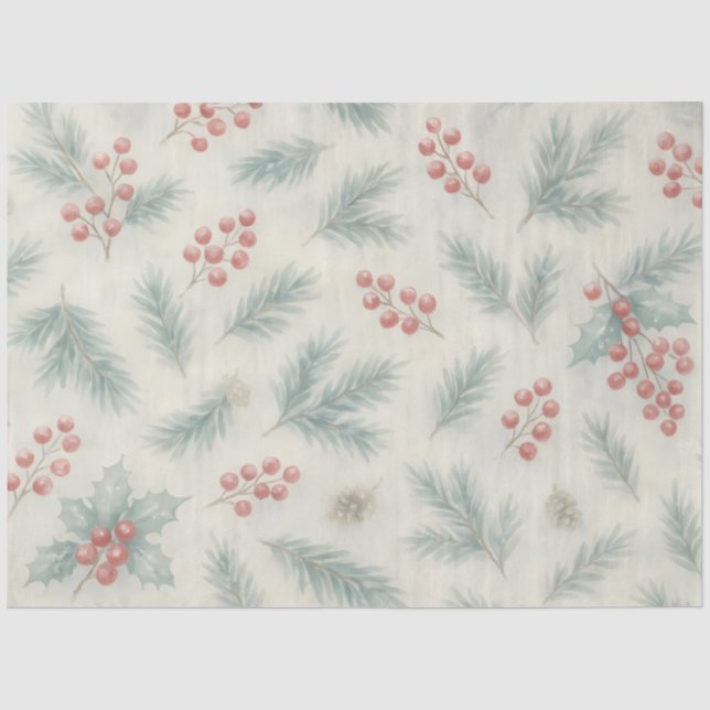 Holly & Pine Winter Botanical Hintergrund Decoupag Seidenpapier (Vorderseite)