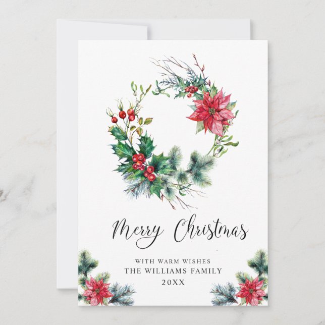 Holly Poinsettia Weihnachtsgrüßen Feiertagskarte (Vorderseite)
