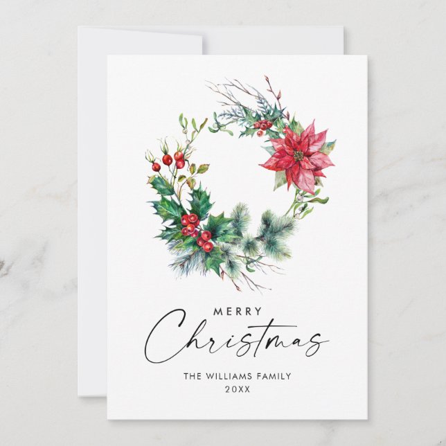 Holly Poinsettia Weihnachtsgrüßen Feiertagskarte (Vorderseite)