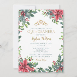 Holly Poinsettias Gold Princess Tiara Quinceañera Einladung