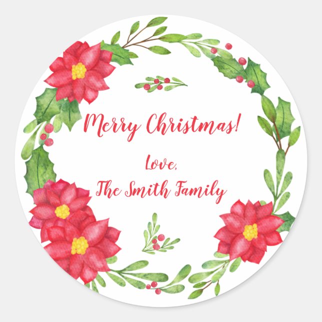 Holly & Poinsettias Weihnachtsaufkleber Runder Aufkleber (Vorderseite)