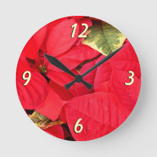 Holly Point Poinsettias Weihnachtsfeiertage Floral Runde Wanduhr