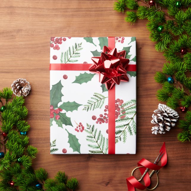 Holly Red Berries Greenery Weihnachten Geschenkpapier (Feiertagsgeschenk)