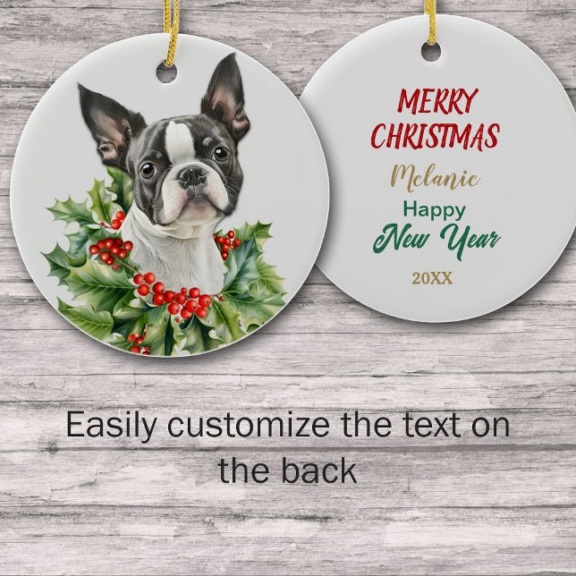 Holly Red Berry Boston Terrier Dog Keramik Ornament (Von Creator hochgeladen)