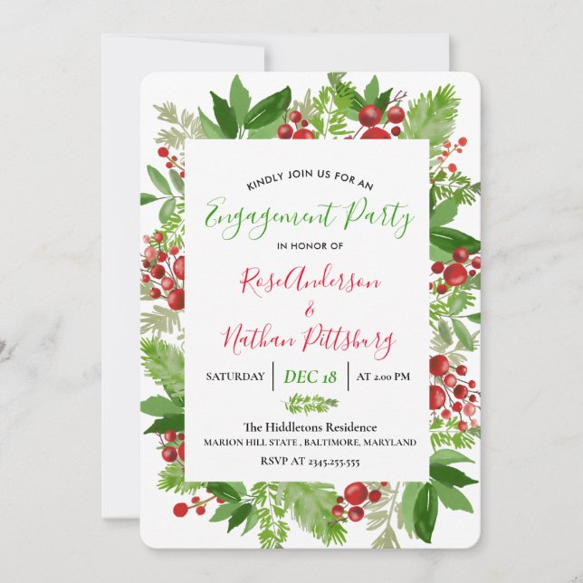 Holly Red Berry Christmas Modern Engagement Party Einladung (Vorderseite)