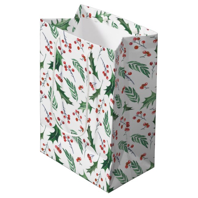Holly Red Berry Christmas Pattern Mittlere Geschenktüte (Vorderseite Schrägansicht)