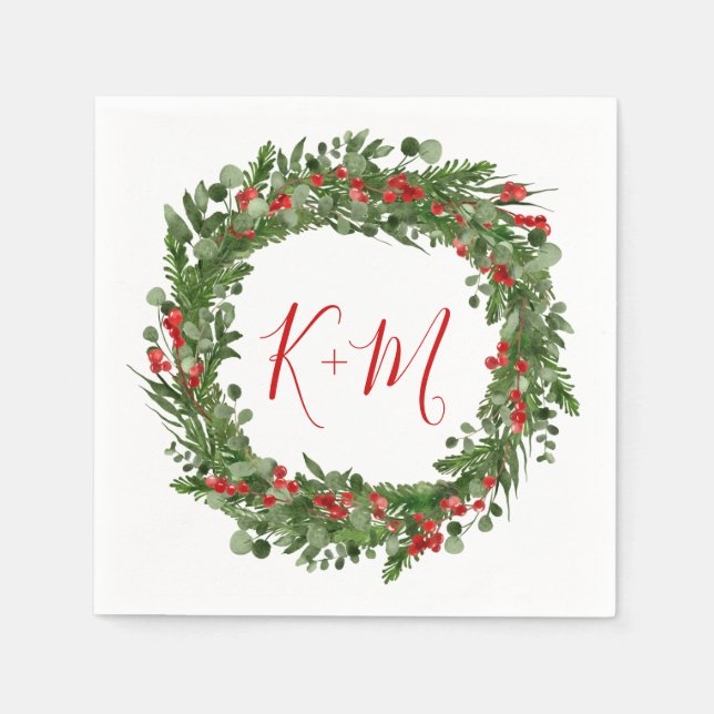 Holly Red Berry Christmas Wreath Wedding Monogram Serviette (Vorderseite)