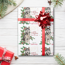 Holly Red Berry Siberian Husky Dog Weihnachten Geschenkpapier