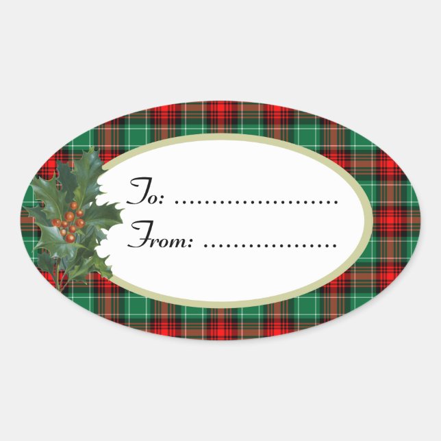 Holly Red Green Holiday Kariert Custom Gift Aufkle Ovaler Aufkleber (Vorderseite)