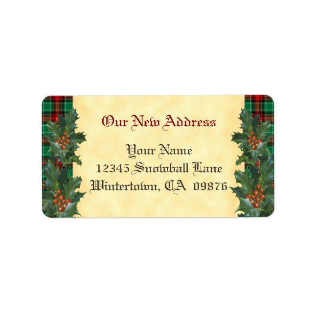 Holly Red Green Kariert Holiday Custom New Address Adressaufkleber (Vorne)