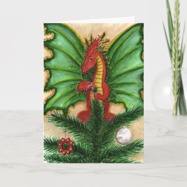 Holly Treetop Dragon Feiertagskarte (Vorderseite)