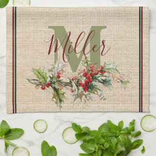 Holly und Beeren Leinen-Look personalisiert Geschirrtuch