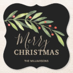 Holly und Berries auf der schwarzen frohen Weihnac Untersetzer<br><div class="desc">Elegante Heilige und Beeren mit Frohen Weihnachten oder Ihre eigenen Informationen in schicken Schriften in jeder Farbe (wir haben Gold verwendet) und auf jedem farbigen Hintergrund (wir haben schwarz verwendet). Alle Text-, Schriftart- und Schriftart-Farben können geändert werden, klicken Sie einfach auf den Link "Weitere" und verwenden Sie unser Design-Tool, um...</div>