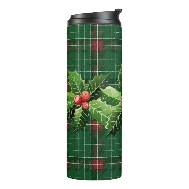 Holly und Berries über grüne Weihnachten Kariert Thermosbecher (Nach links gedreht)