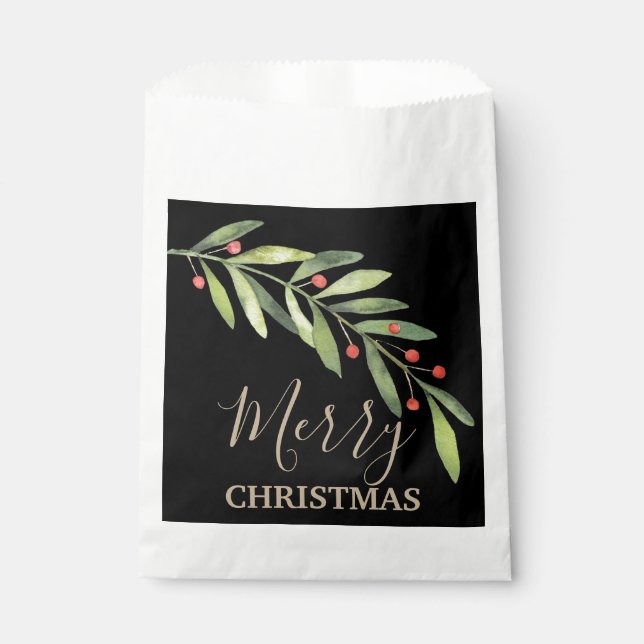 Holly und Berries über Schwarz Frohe Weihnachten Geschenktütchen (Vorderseite)