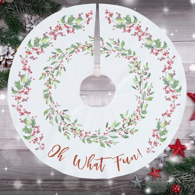 Holly und Ivy Red auf White Christmas Polyester Weihnachtsbaumdecke (Holly and Ivy, Red and Green, White, Oh What Fun! Brushed Polyester Tree Skirt)