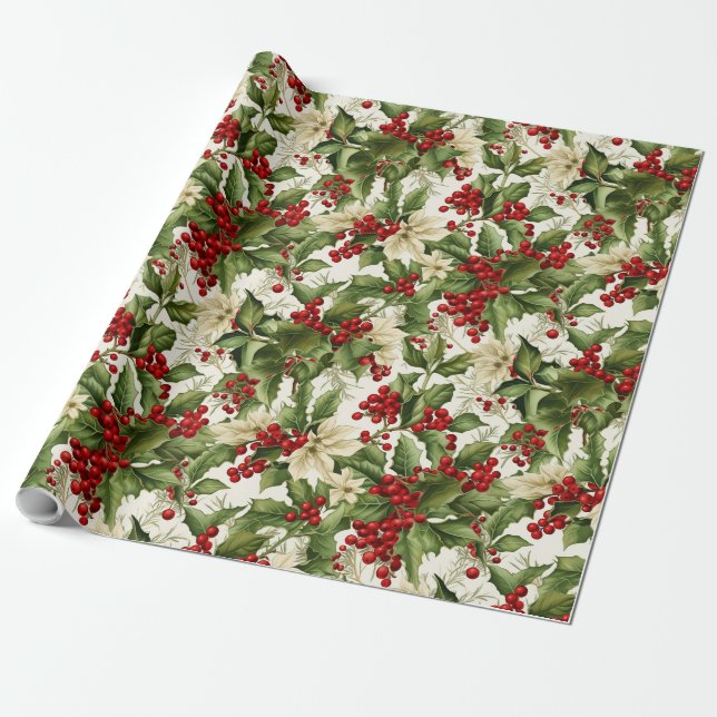 Holly und Poinsettias Geschenkpapier (Ungerollt)