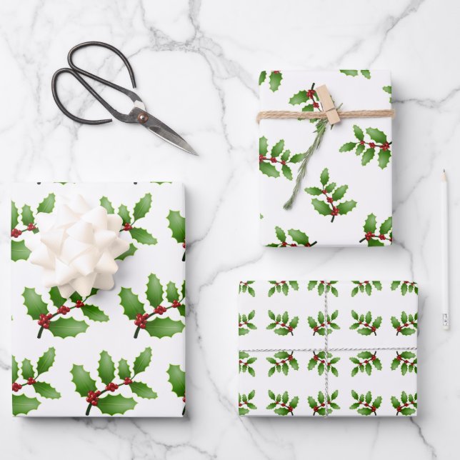 Holly Verlasst weiße Weihnachtswrapping Paper Shee Geschenkpapier Set (Vorderseite)