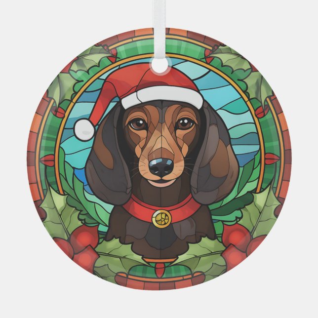Holly Wreath Brown Dackel Weihnachten Ornament Aus Glas (Vorderseite)