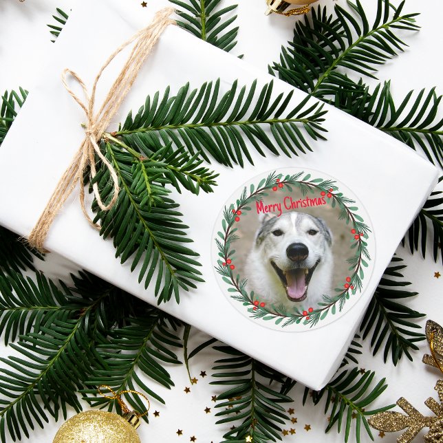 Holly Wreath Christmas Foto Runder Aufkleber (Dog stickers)