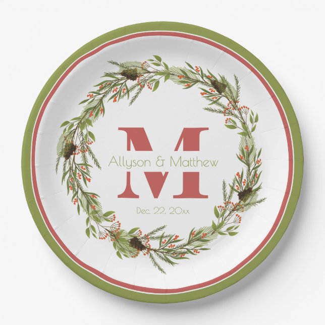 Holly Wreath Christmas | Hochzeitmonographie  Pappteller (Vorderseite)
