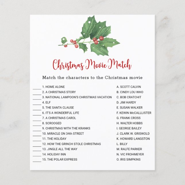 Holly Wreath Christmas Movie Match Game Card Flyer (Vorne)