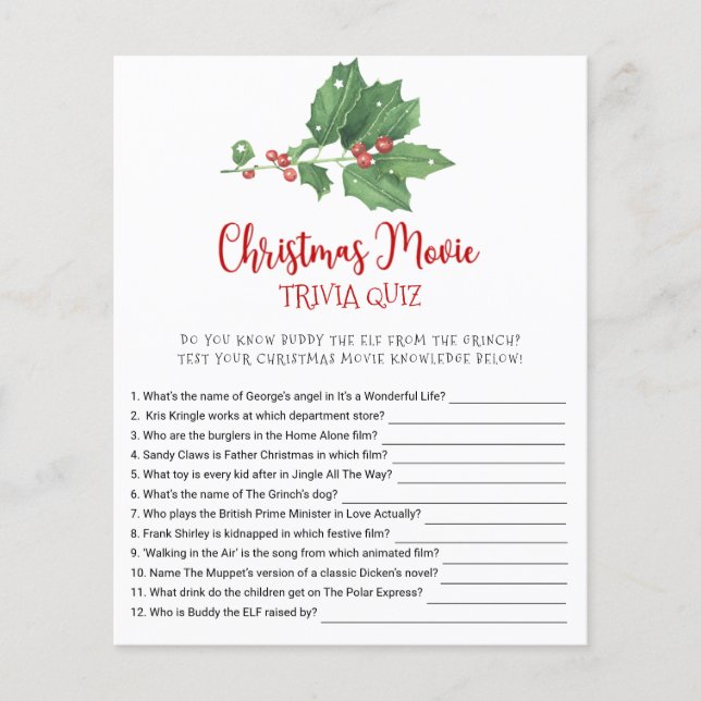 Holly Wreath Christmas Movie TRIVIA QUIZ Game Card Flyer (Vorne)