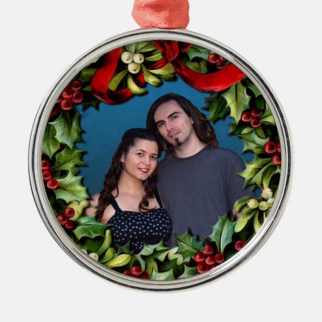 Holly Wreath Custom Foto Personalisiert Weihnachte Silbernes Ornament (Vorne)