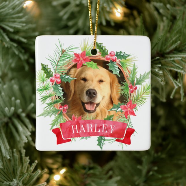 Holly Wreath Dog Foto Keramikornament (Baum)