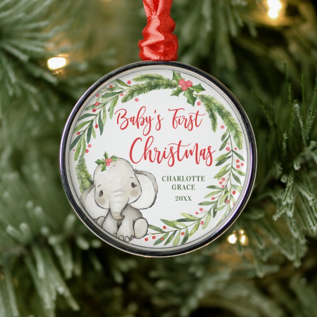 Holly Wreath Elephant Baby's First Christmas Ornament Aus Metall (Baum)