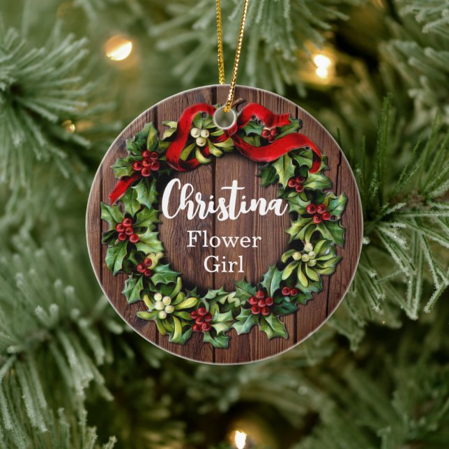 Holly Wreath Flower Girl Custom Wedding Party Keramik Ornament (Baum)