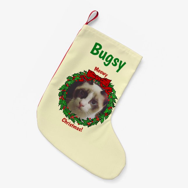 Holly Wreath Frame Meowy Weihnachten Hinzufügen ei Kleiner Weihnachtsstrumpf (Vorderansicht (hängend))