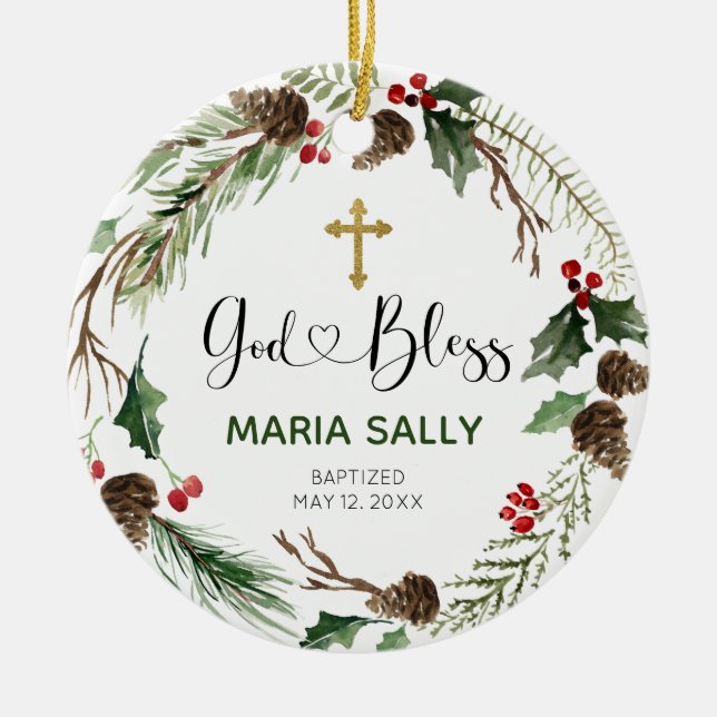 Holly Wreath Girl Taufkirche Keramik Ornament (Vorne)