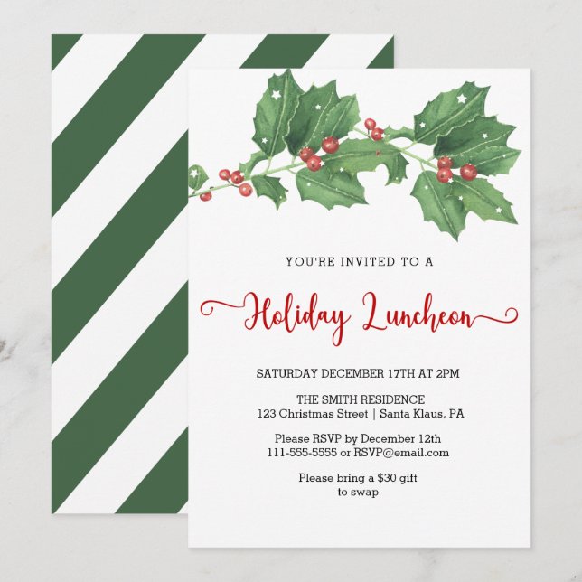 Holly Wreath Holiday Luncheon Einladung (Vorne/Hinten)