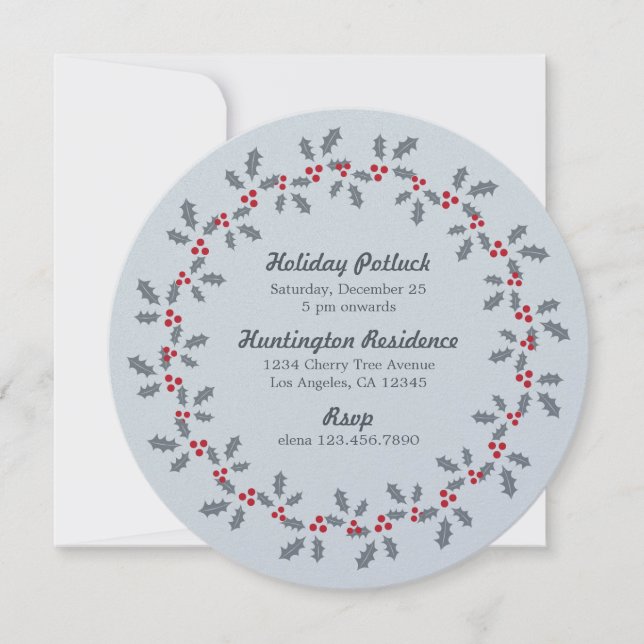 Holly Wreath Holiday Potluck Party Invitation Card (Devant)