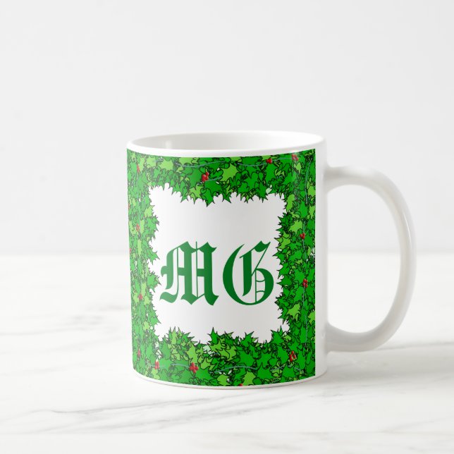 Holly Wreath mit Monogram, Dunkelgrün Kaffeetasse (Rechts)