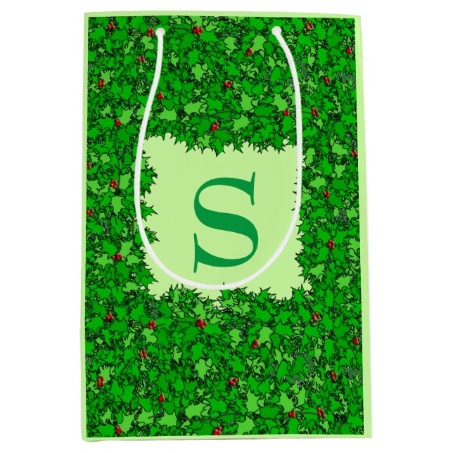 Holly Wreath mit Monogram, Dunkelgrün Mittlere Geschenktüte (Vorderseite)