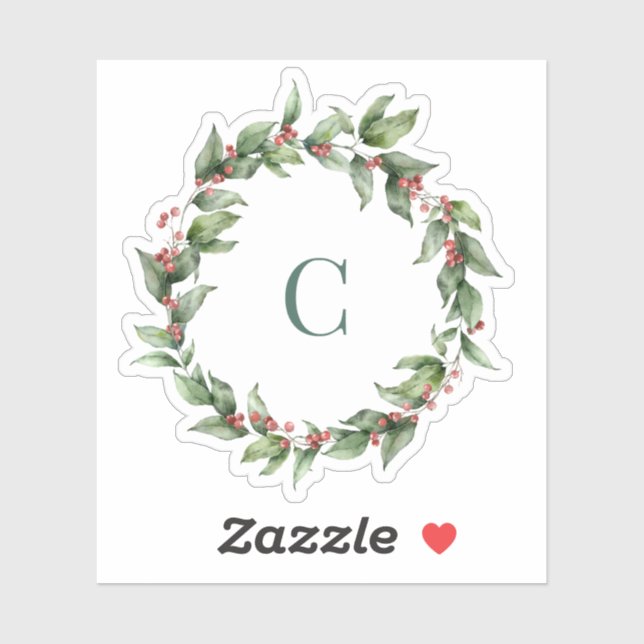 Holly Wreath Monogram Frohe Weihnachten Aufkleber (Blatt)