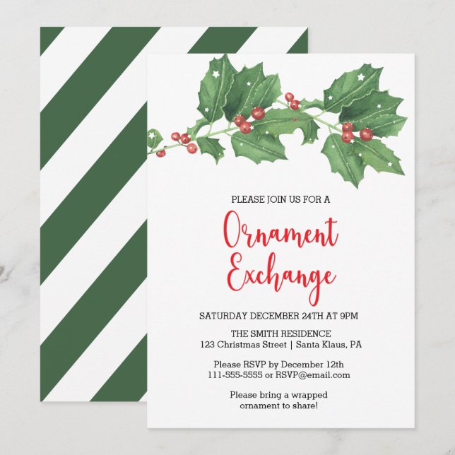 Holly Wreath Ornament Exchange Party Einladung (Vorne/Hinten)