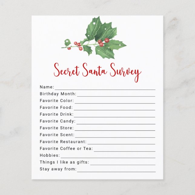 Holly Wreath Secret Santa Survey Flyer (Vorne)