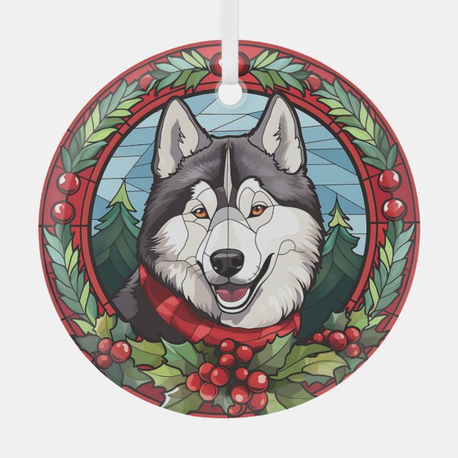 Holly Wreath Siberian Husky Dog Christmas Ornament Aus Glas (Vorderseite)