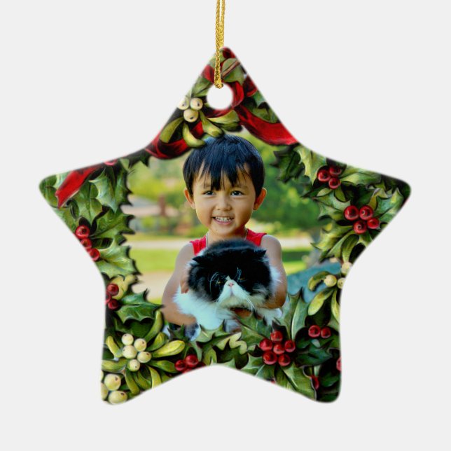 Holly Wreath Star Foto Personalisiert Ornament (Vorne)
