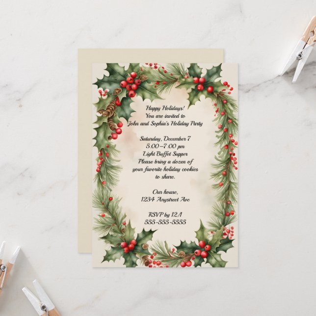 Holly Wreath und Berries Weihnachts-Party Einladung (Vorderseite/Rückseite Beispiel)